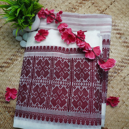 Pure Nuni | Lite white color | Handloom | Blouse and Poti(border) is included.