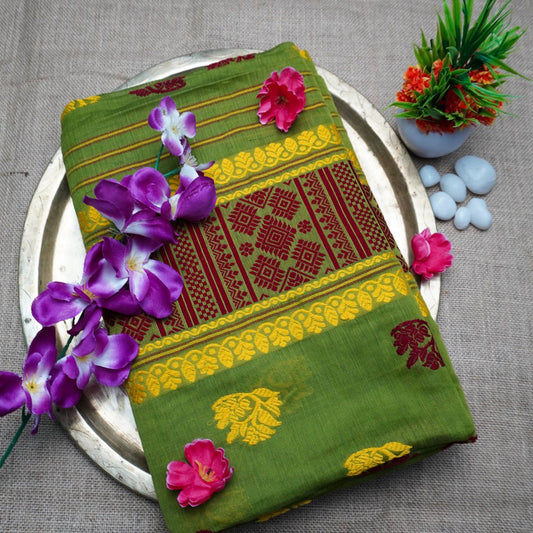 Cotton Kesapaat | Green color | Handloom | Blouse and Poti(border) are included.