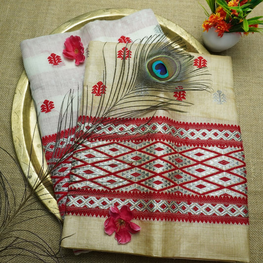 Toss and Nuni contrast | White and Yellow Color | Handloom | Blouse and Poti(border) are included.
