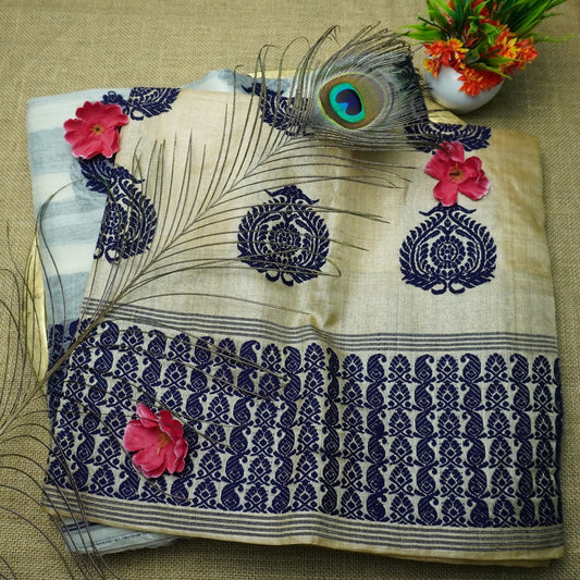 Toss and Nuni contrast | White and Yellow Color | Handloom | Blouse and Poti(border) are included.